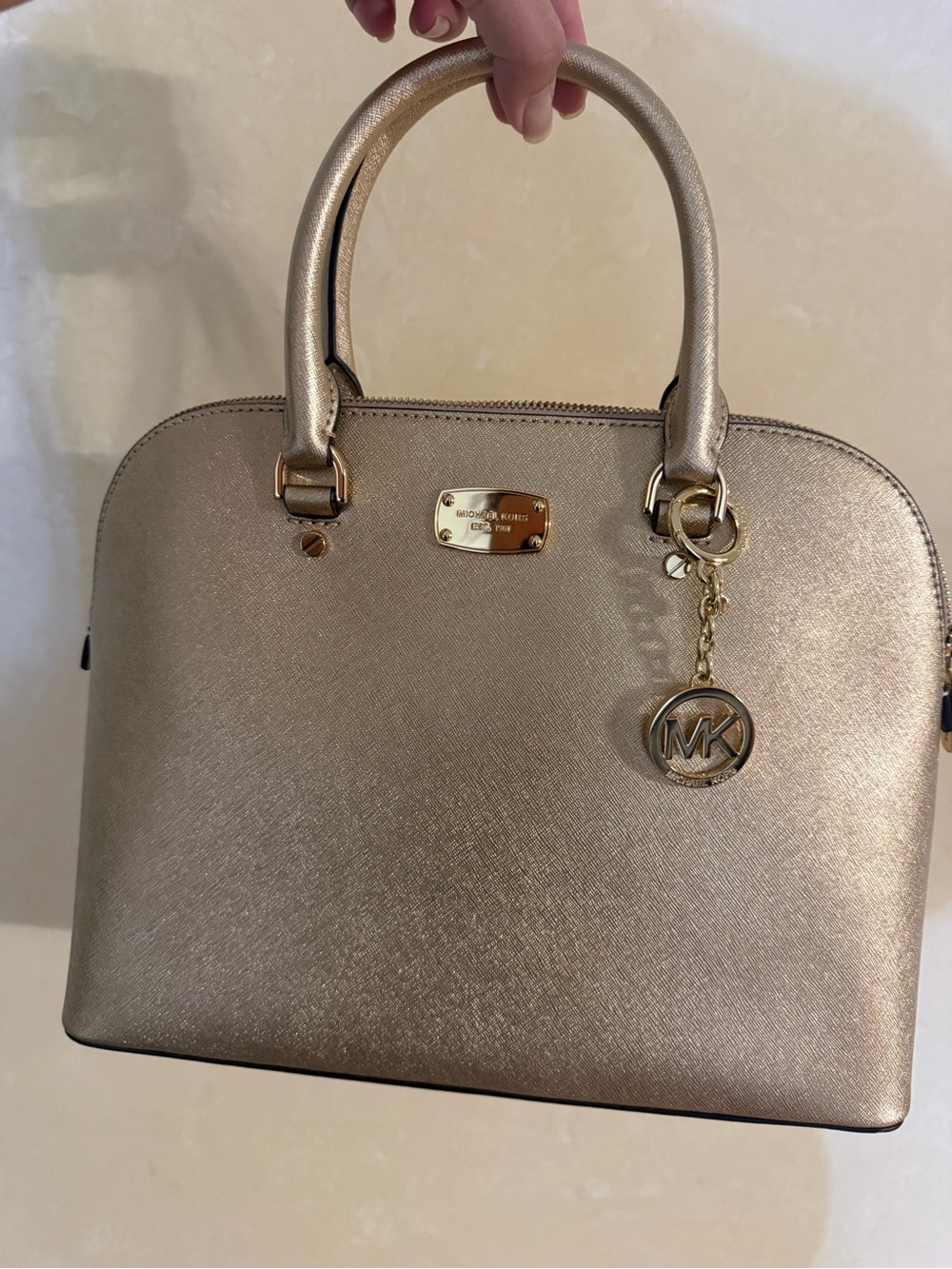 Michael Kors Cindy Large Dome Satchel Metallic Champagne Gold Saffiano Leather